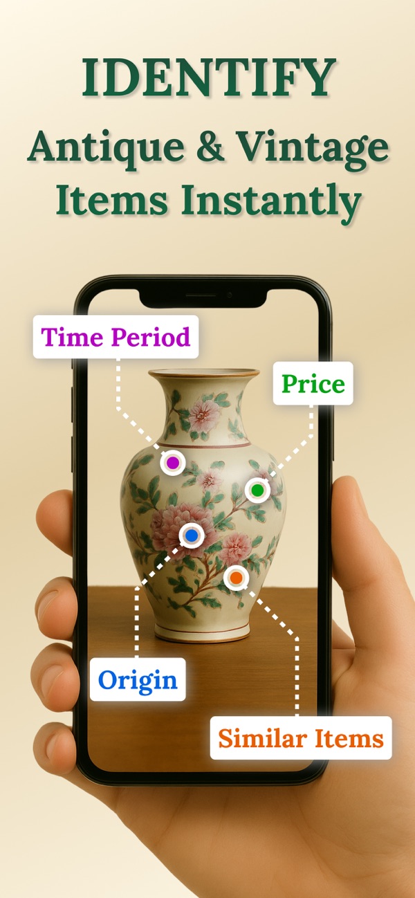A vase on a phone screen, labeled with its time period, origin, price and similar items