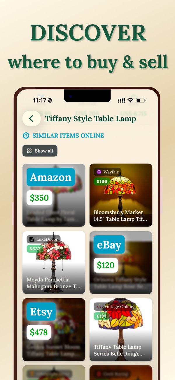Similar lamps for sale on Amazon, eBay, Etsy and Wayfair, each with its price