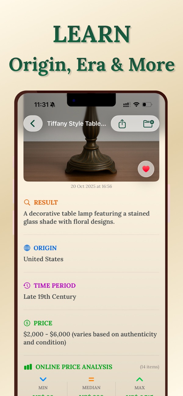 The lamp's origin, time period, price range and an online price analysis